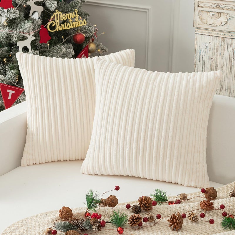K KEVIN TEXTILE Kevin Textile Pack of 2, Christmas Soft Corduroy Soild Decorative Square Throw Pillow Covers Set Cushion Cases for Sofa Bedroom Car 18 x 18 Inch 45 x 45 cm, Creamy White - Image 1